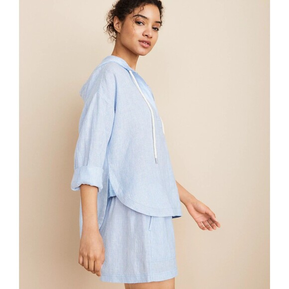 LOFT Tops - Loft Lou & Grey Striped Hoodie Tunic Size L Blue Linen Drawstring Hi Low Hem